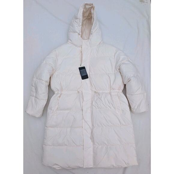 Fabletics Womens Essential Long Puffer Coat 2X Bone Ivory Cinch Waist 2 Way Zip - Picture 1 of 10